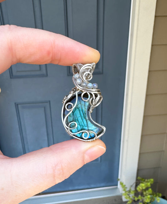 Labradorite Crescent Moon Pendant in Argentium Silver