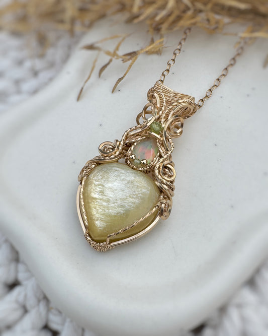 Yellow Mica, Opal & Peridot Necklace in 14k Gold Filled