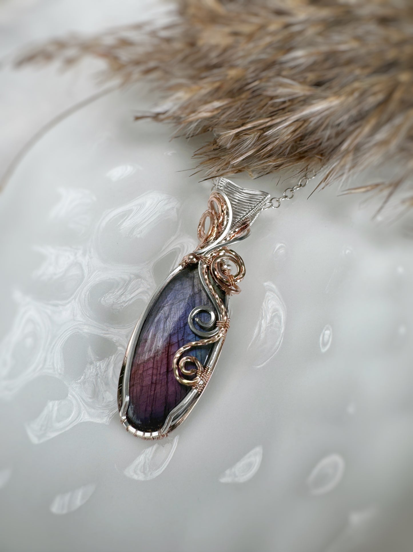Purple Labradorite Mixed Metal Necklace in 14k Rose Gold Filled & Argentium Silver