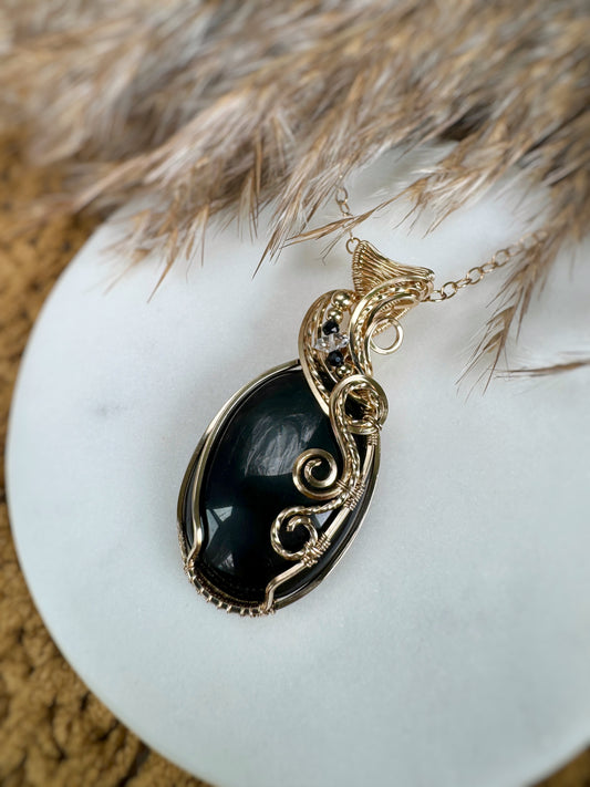 Rainbow Obsidian, Black Onyx & Herkimer Diamond Necklace in 14k Gold Filled