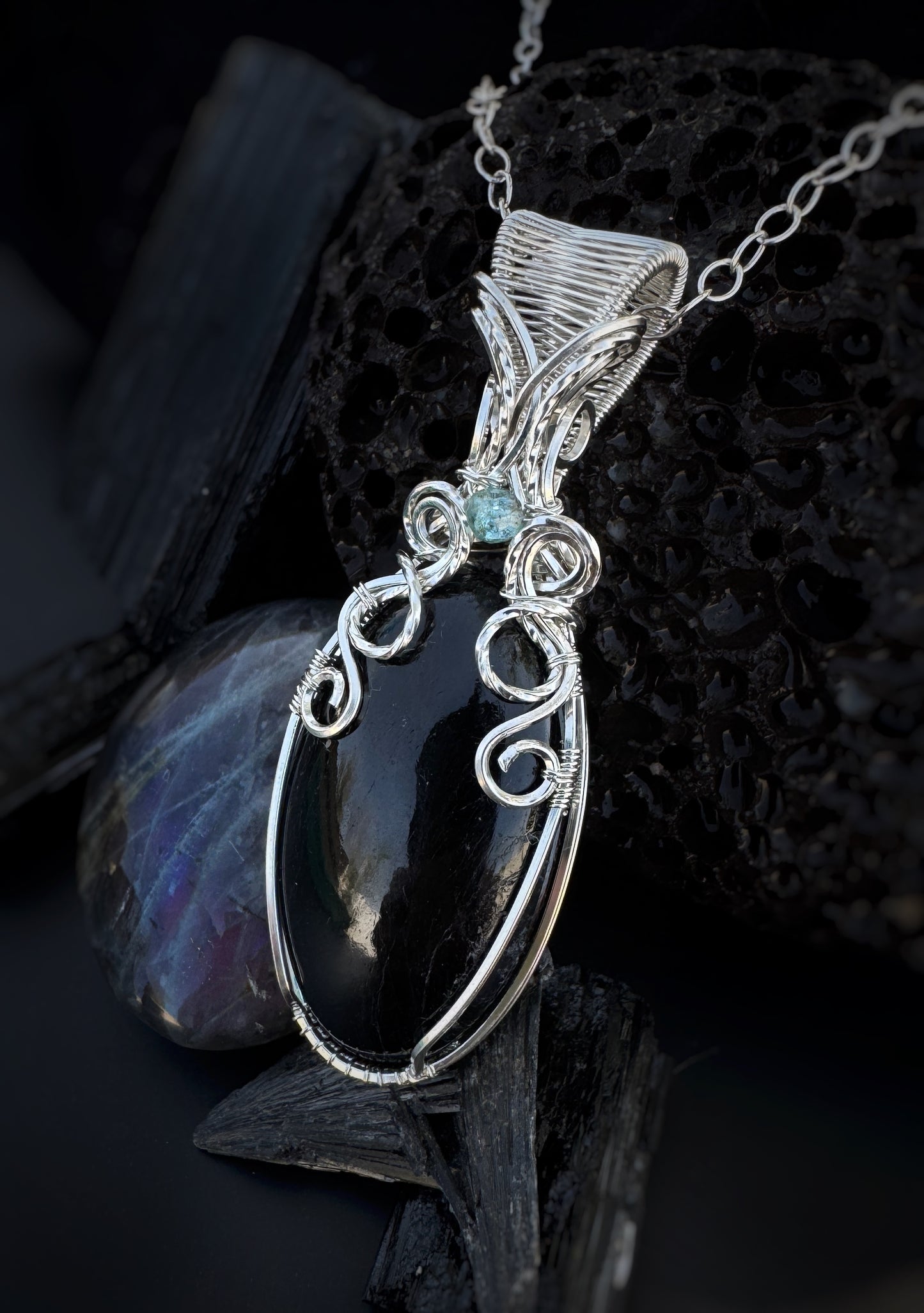 Black Tourmaline & Aqua Apatite Necklace in 0.925 Sterling Silver
