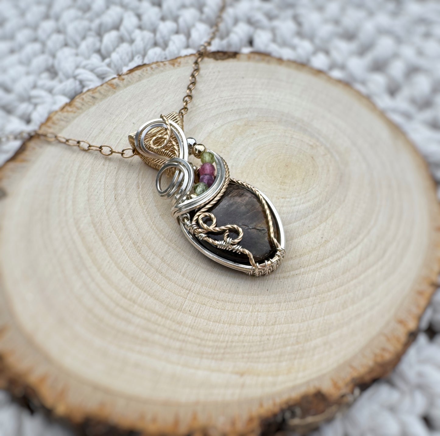 Golden Sapphire, Peridot, Pink Tourmaline, Purple Mica Necklace in mixed metals (14k Gold Filled & 0.925 Sterling Silver)