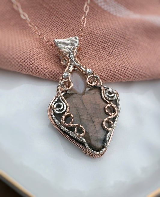 Labradorite Heart & Moonstone Necklace in Mixed Metals (14k Rose Gold Filled & Sterling Silver)