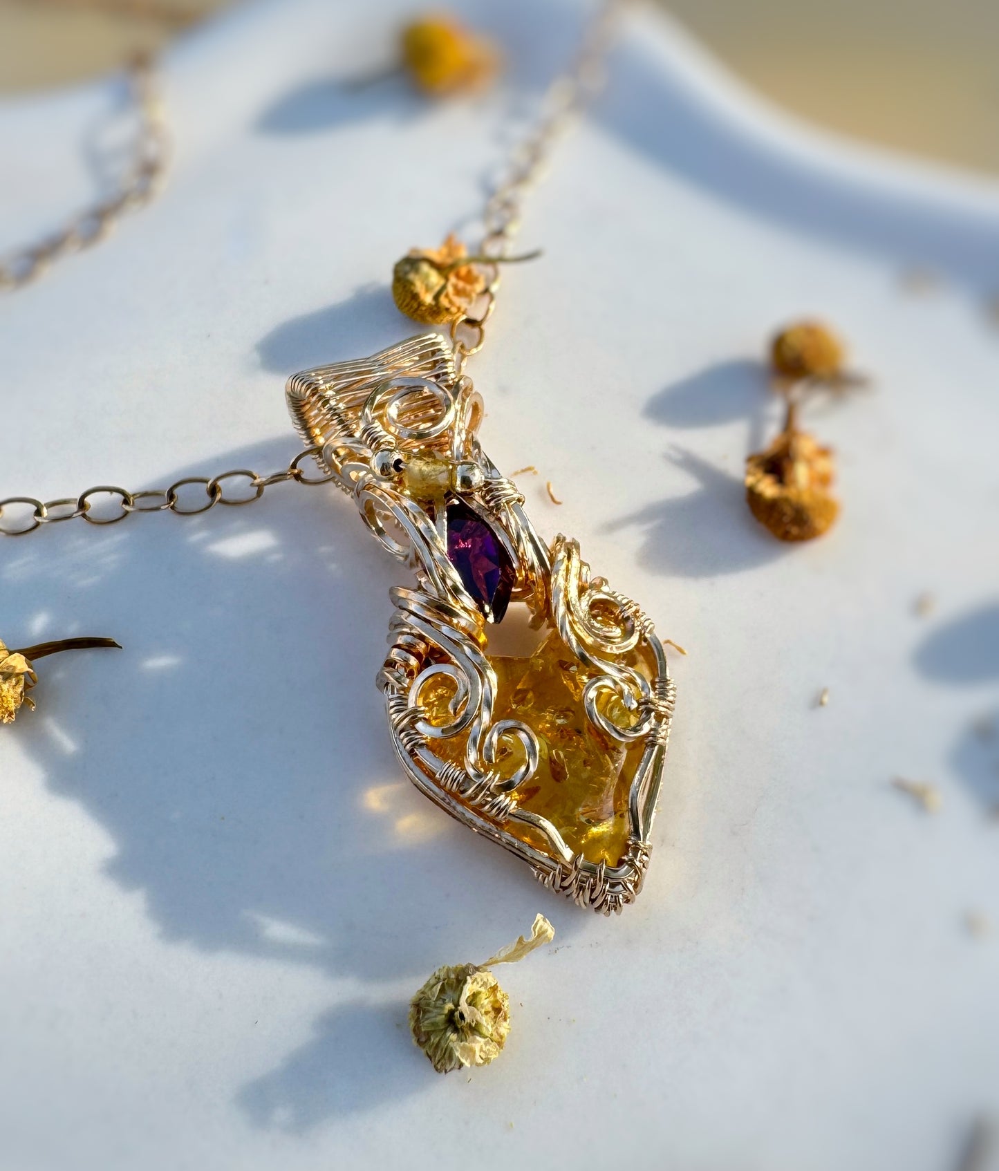 Amber, Rhodolite Garnet & Tourmaline Necklace in 14k Gold Filled
