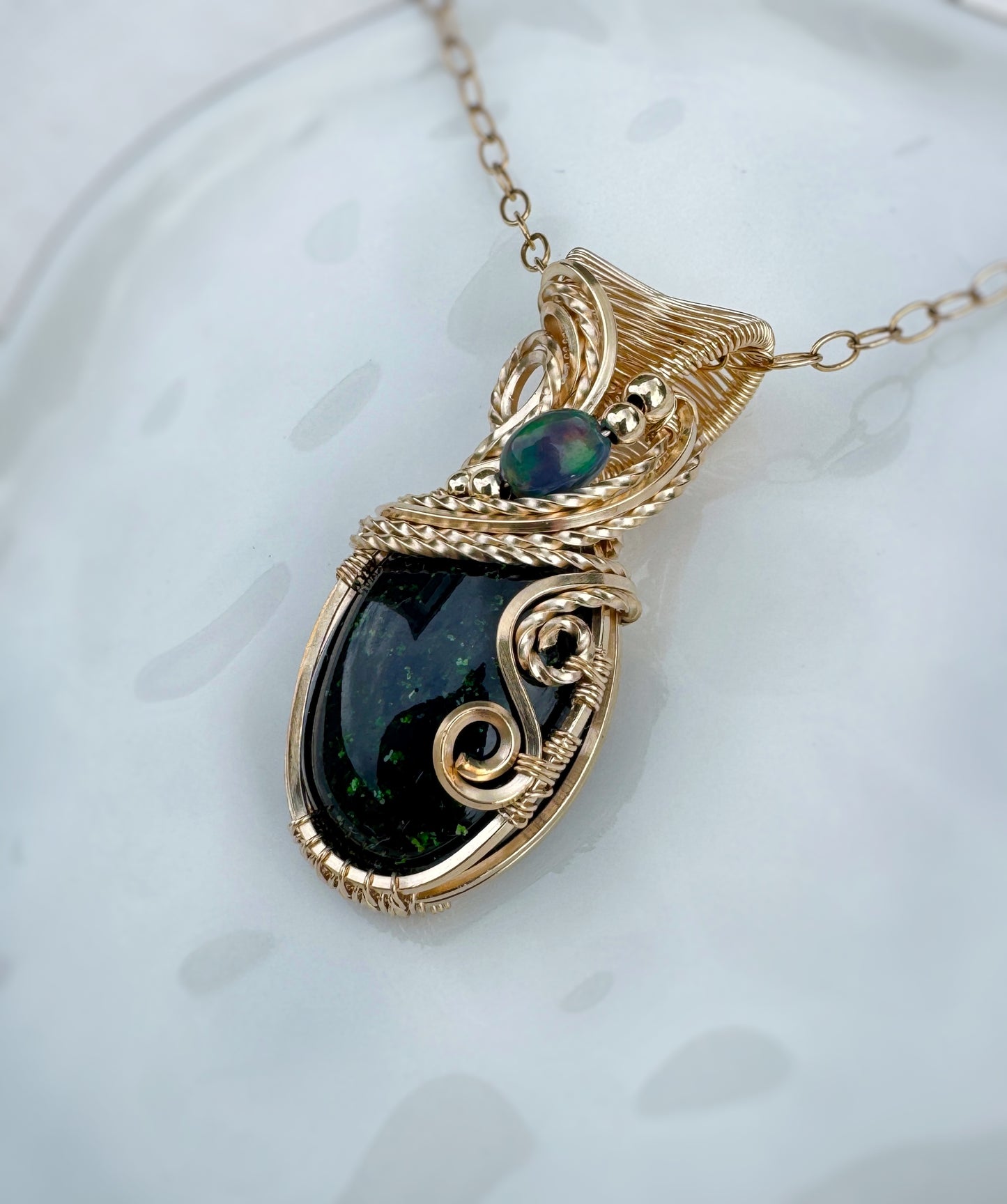 Green Goldstone & Ethiopian Opal Necklace in 14k Gold Filled