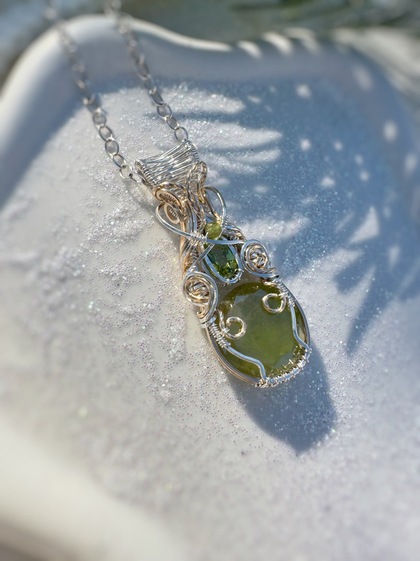 Sphene, Peridot & Green Tourmaline Mixed Metal Necklace (0.925 Sterling Silver & 14k Gold Filled)