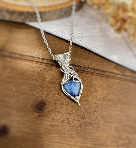 Dainty Blue Kyanite Heart & Fluorite Necklace in Argentium Silver
