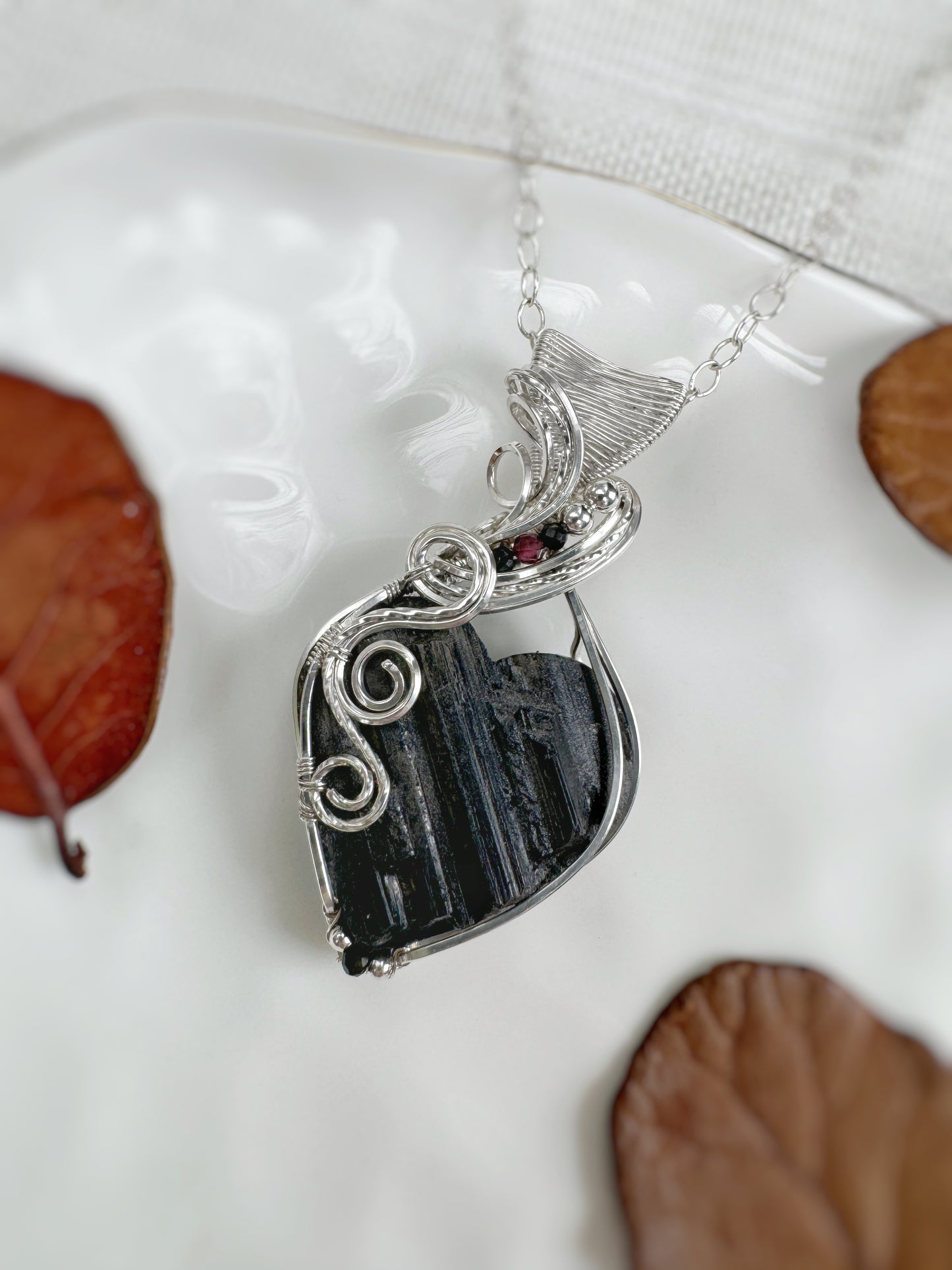 Black Tourmaline Heart, Black Onyx & Garnet Necklace in 0.925 Sterling Silver