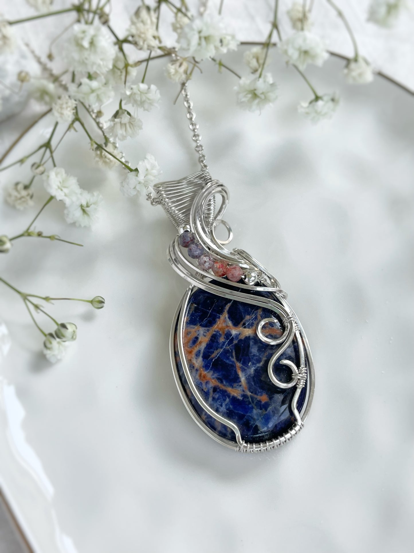 Sunset Sodalite & Iolite Sunstone Necklace in 0.925 Sterling Silver