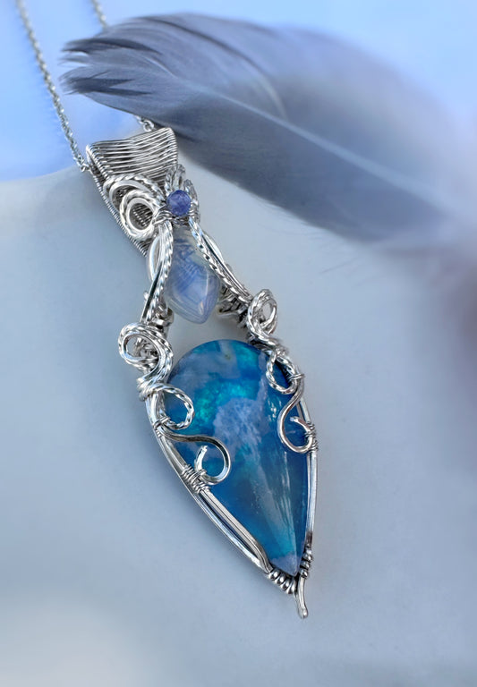 Sky Agate, Opalite & Tanzanite Necklace in Argentium Silver