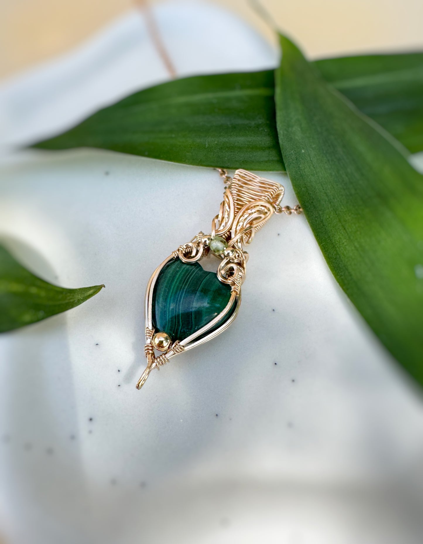 Malachite Heart & Peridot Necklace in 14k Gold Filled