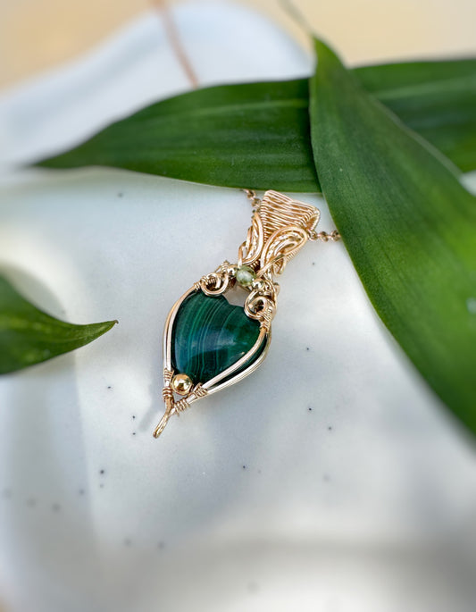 Malachite Heart & Peridot Necklace in 14k Gold Filled