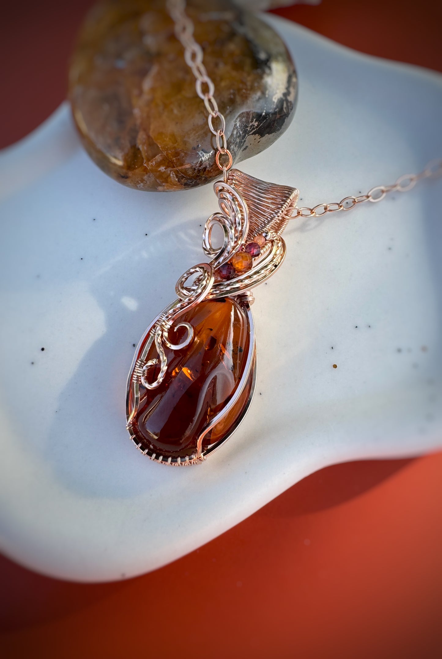 Amber, Hessonite Garnet, Garnet, Sunstone Necklace in 14k Rose Gold Filled