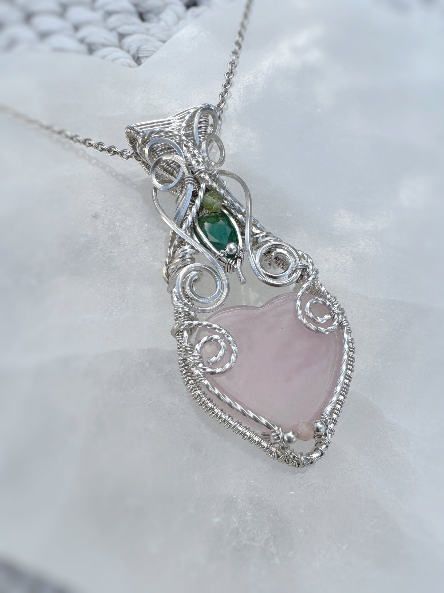 Rose Quartz Heart, Peridot & Emerald (from Sakota Mines) Necklace in Argentium Silver