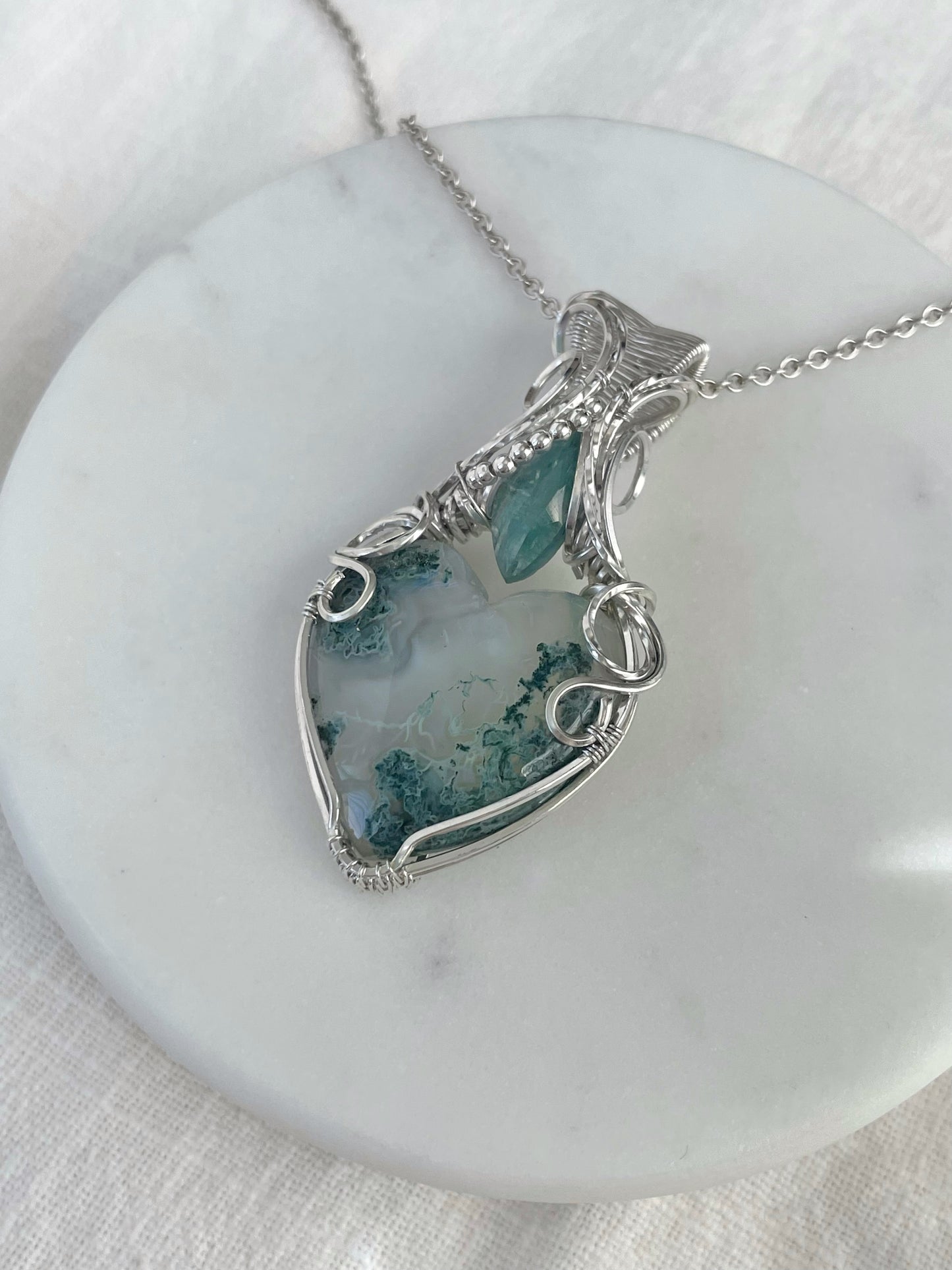 Moss Agate Heart & Aqua Kyanite Necklace in 0.925 Sterling Silver