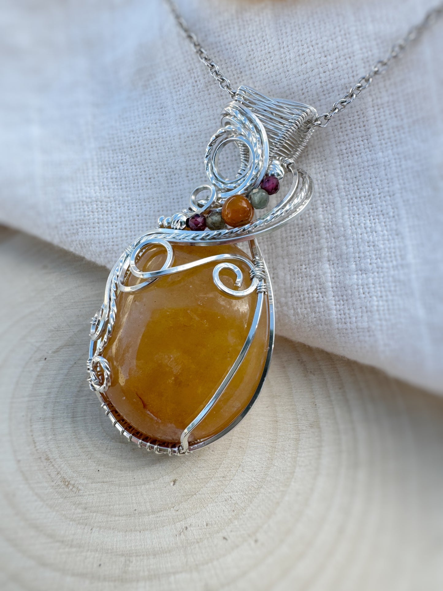 Azezulite, Garnet, Amber & Green Apatite Necklace in 0.925 Sterling Silver