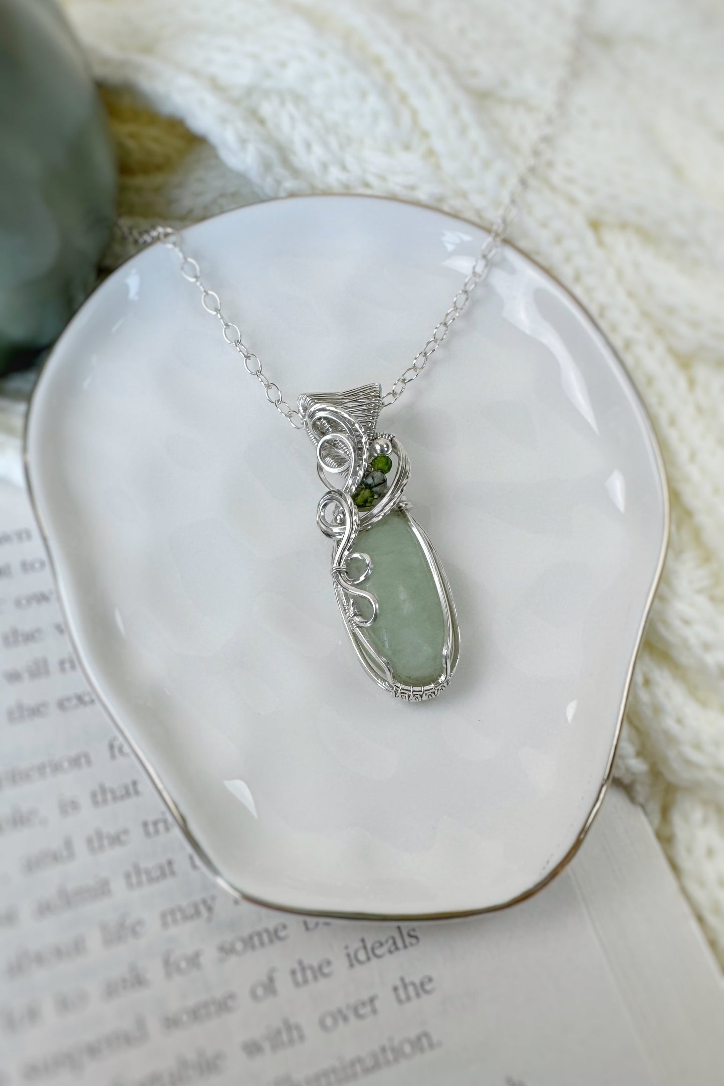 Green Jade, Green Tourmaline, and Green Tourmaline Rutile Necklace in 0.925 Sterling Silver