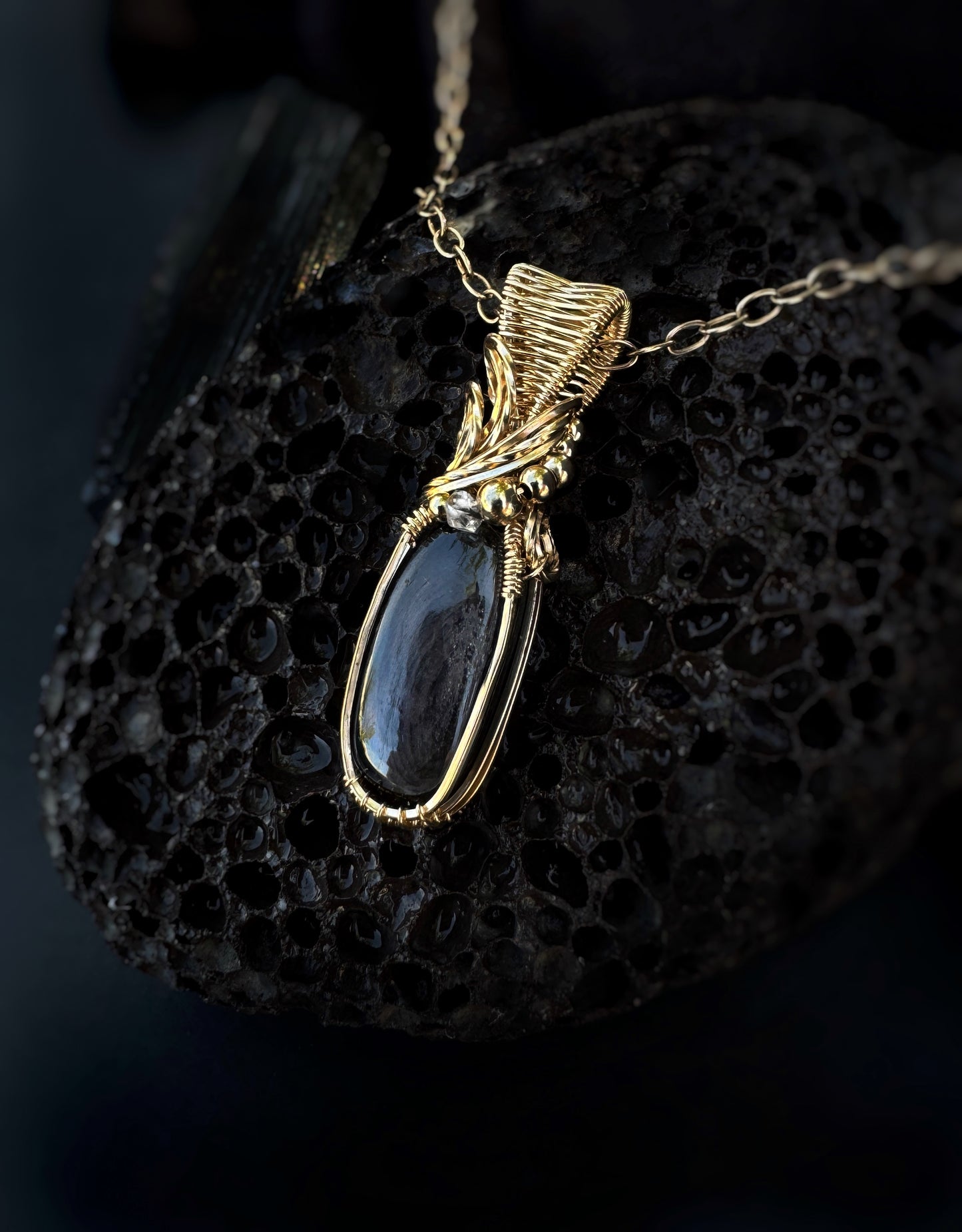 Hypersthene & Herkimer Diamond Necklace in Gold Filled
