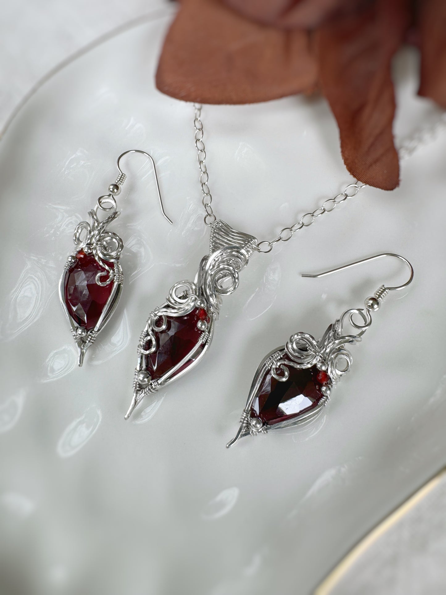 Garnet & Carnelian Set (Necklace + Earrings) in Argentium Silver