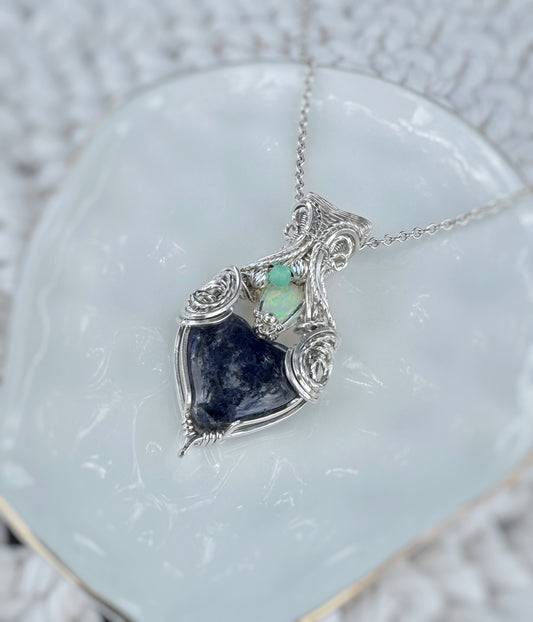Iolite, Opal & Chrysoprase Necklace in 0.925 Sterling Silver