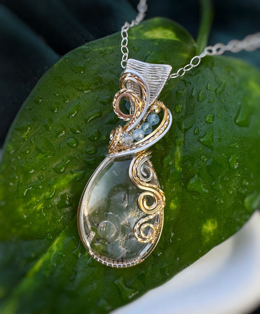 Rare Enhydro Quartz & Aquamarine Necklace in Argentium Silver & 14k Gold Filled