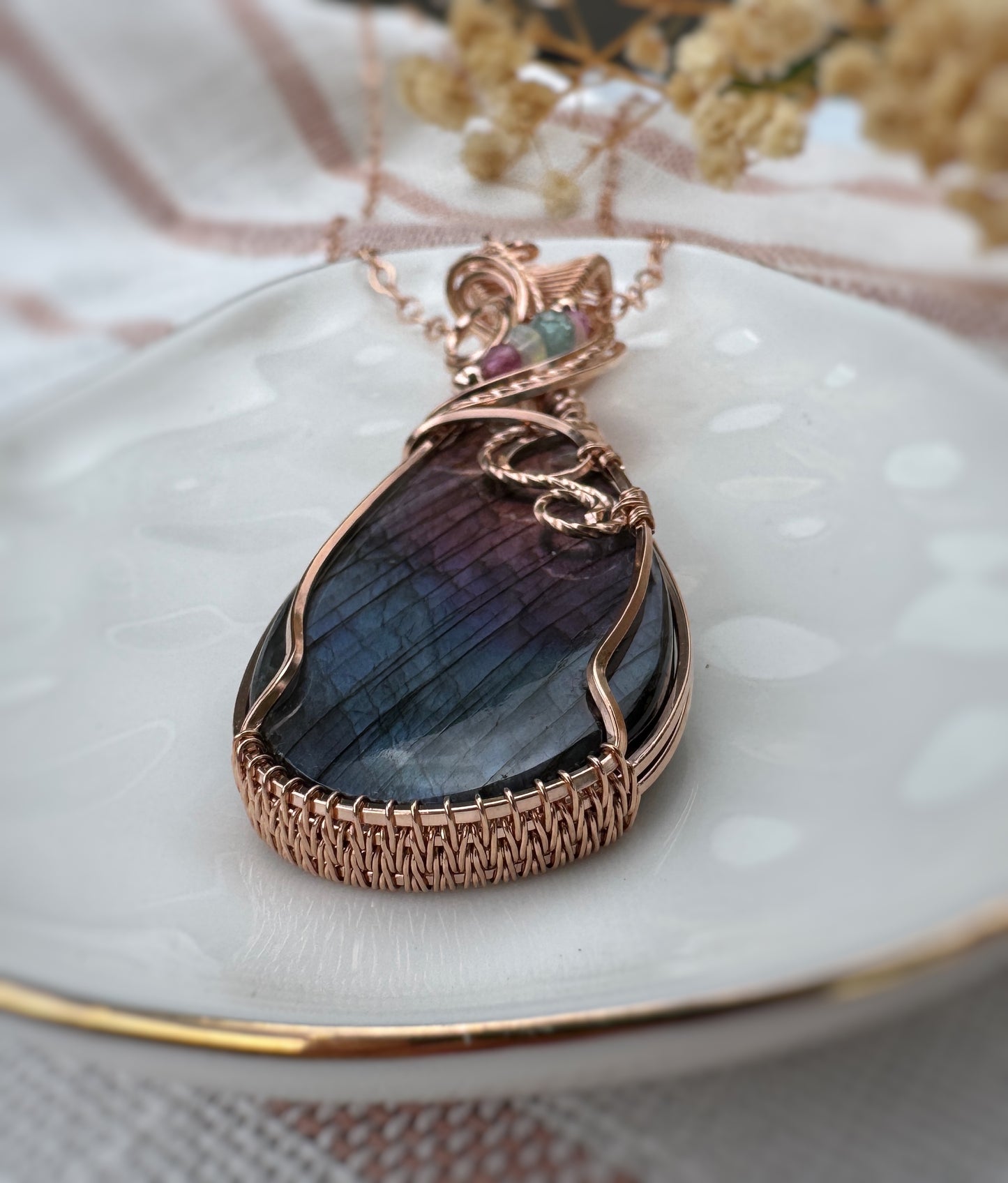 Labradorite, Pink Tourmaline, Opal & Aqua Apatite Necklace in 14k Rose Gold Filled
