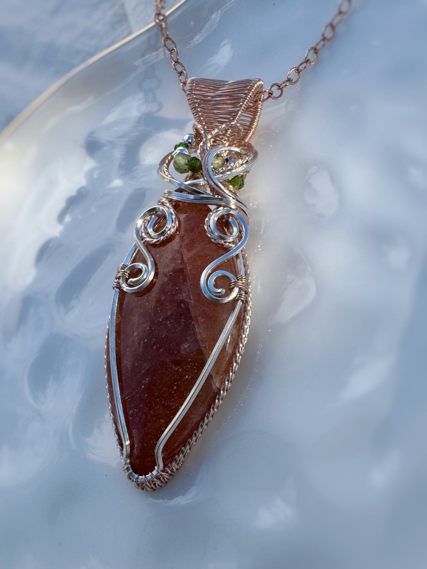 Sunstone, Chrome Diopside & Peridot Necklace in 14k Rose Gold Filled & Argentium Silver