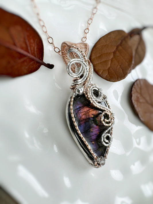 Purple Labradorite & Herkimer Diamond Mixed Metal Necklace in 14k Rose Gold Filled & 0.925 Sterling Silver