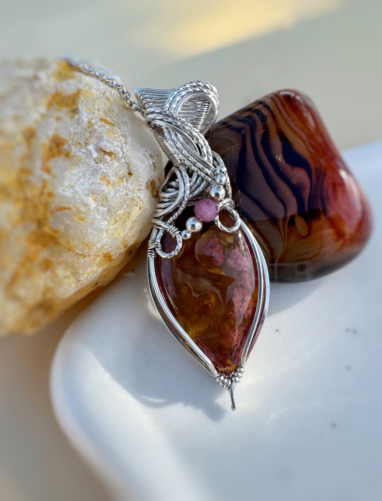 Youngite & Pink Tourmaline Necklace in 0.925 Sterling Silver