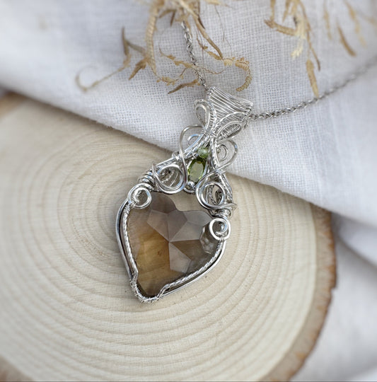 Faceted Smoky Quartz Heart, Green Tourmaline & Peridot Necklace in 0.925 Sterling Silver