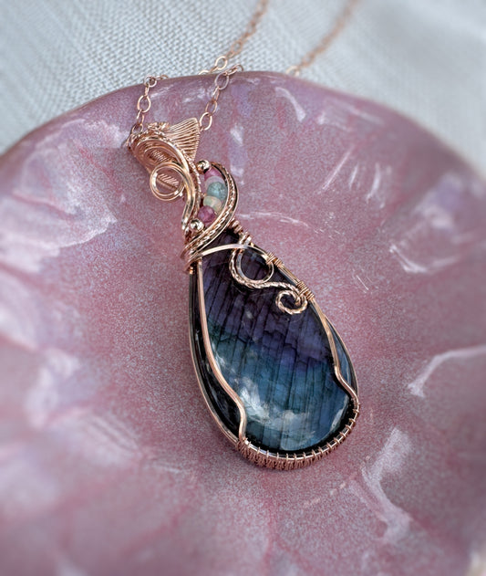 Labradorite, Pink Tourmaline, Opal & Aqua Apatite Necklace in 14k Rose Gold Filled