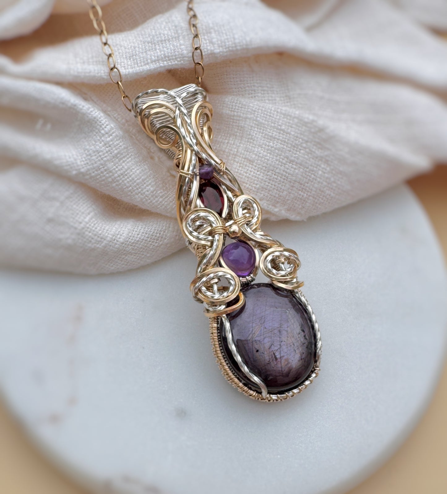 Natural Star Sapphire, Amethyst & Garnet Necklace in mixed metals (Argentium Silver & 14k Gold Filled)