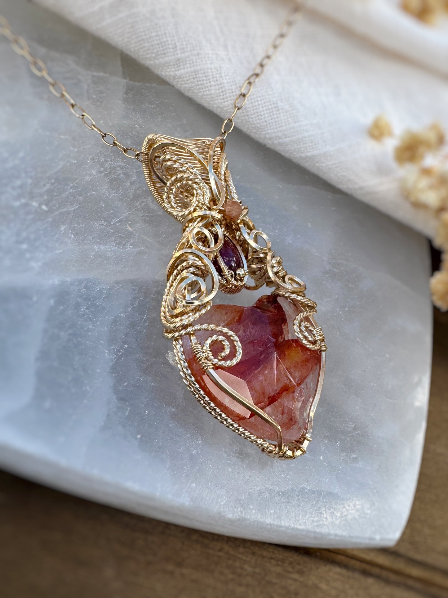 Hematoid Quartz, Pink Tourmaline & Sunstone-Moonstone Necklace in 14k Gold Filled Wire