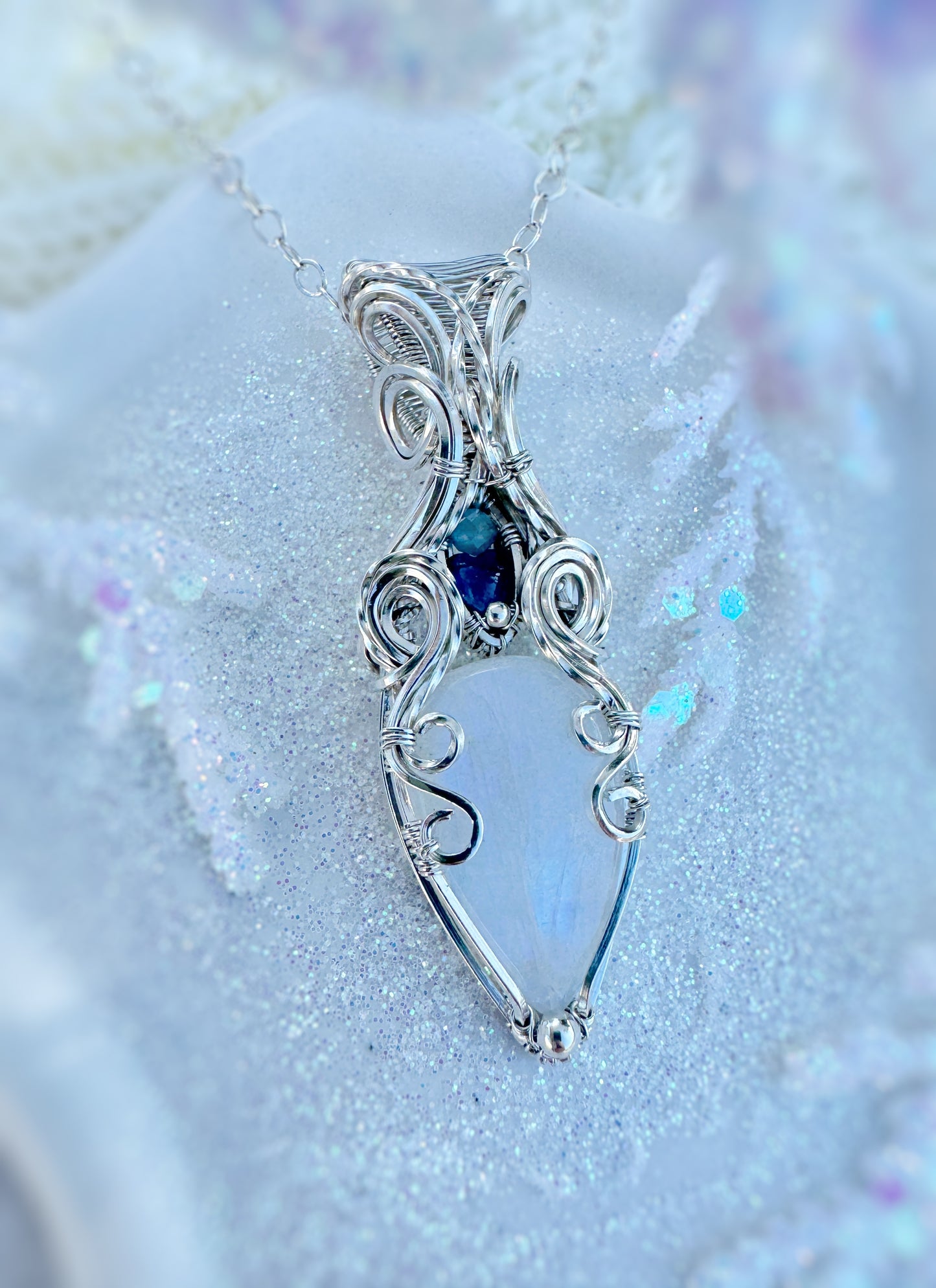 Moonstone, Blue Sapphire & Aquamarine Necklace in Argentium Silver