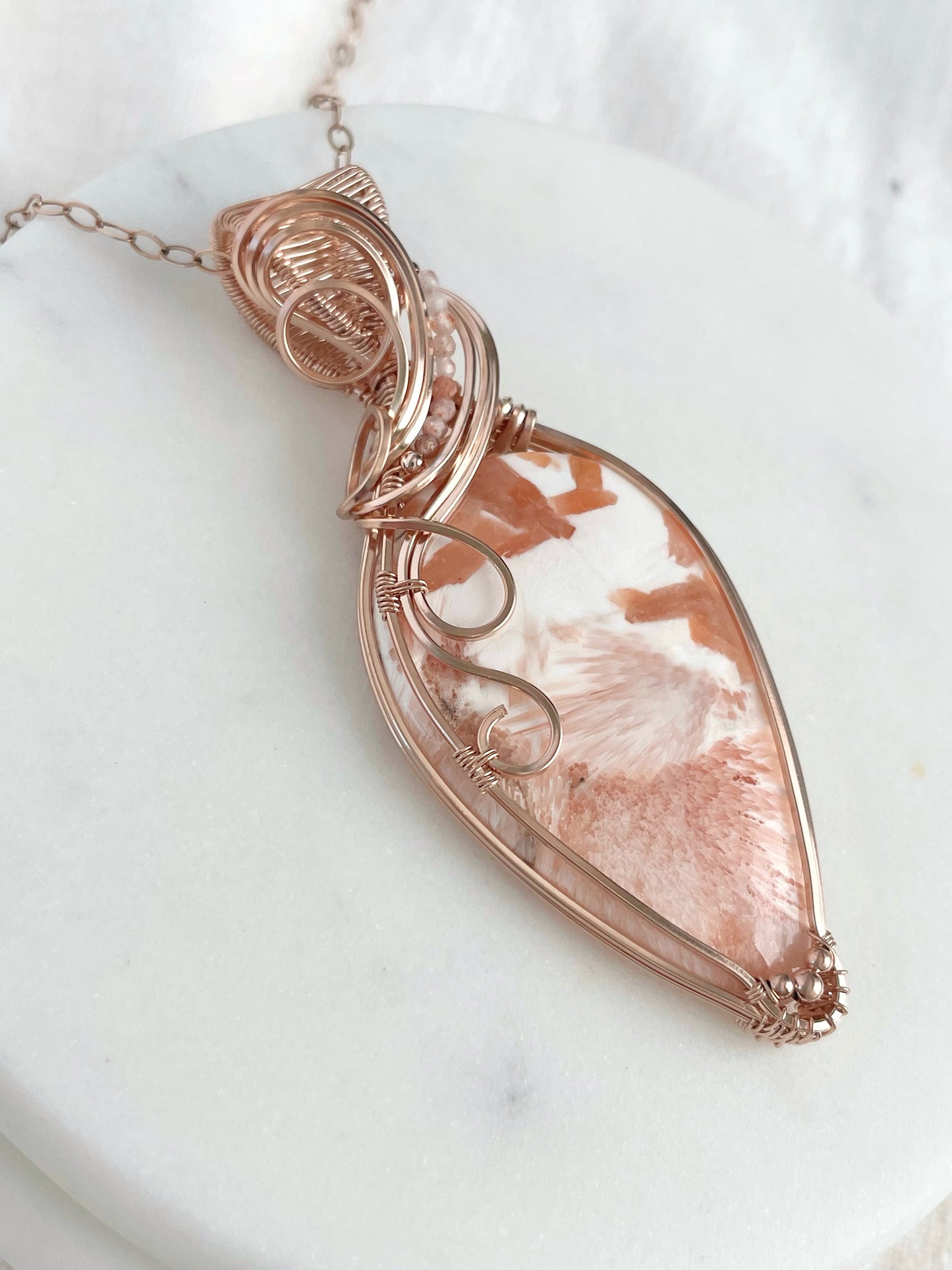 Pink/Peach Scolecite & Sunstone Necklace in 14k Rose Gold Filled