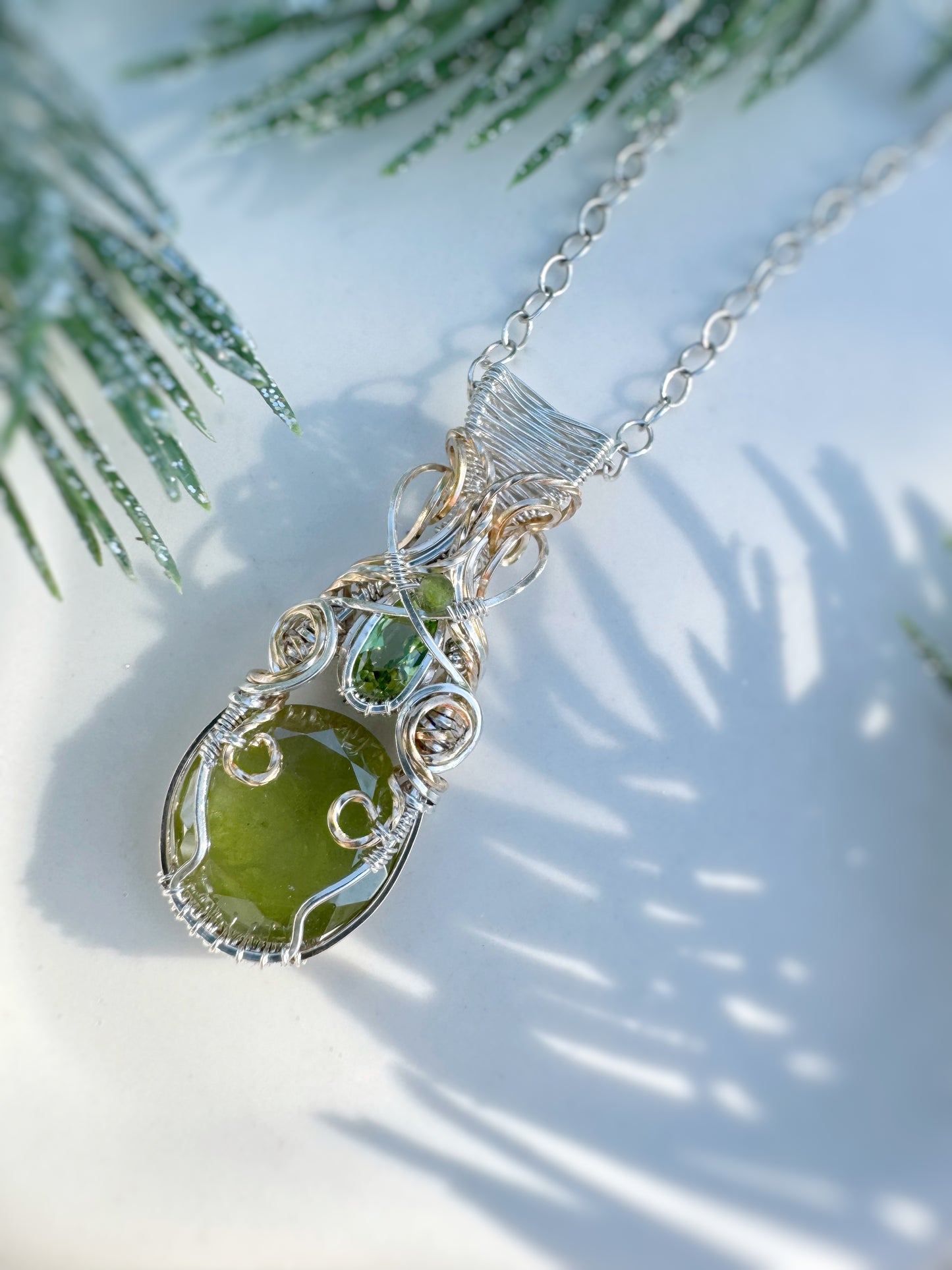Sphene, Peridot & Green Tourmaline Mixed Metal Necklace (0.925 Sterling Silver & 14k Gold Filled)