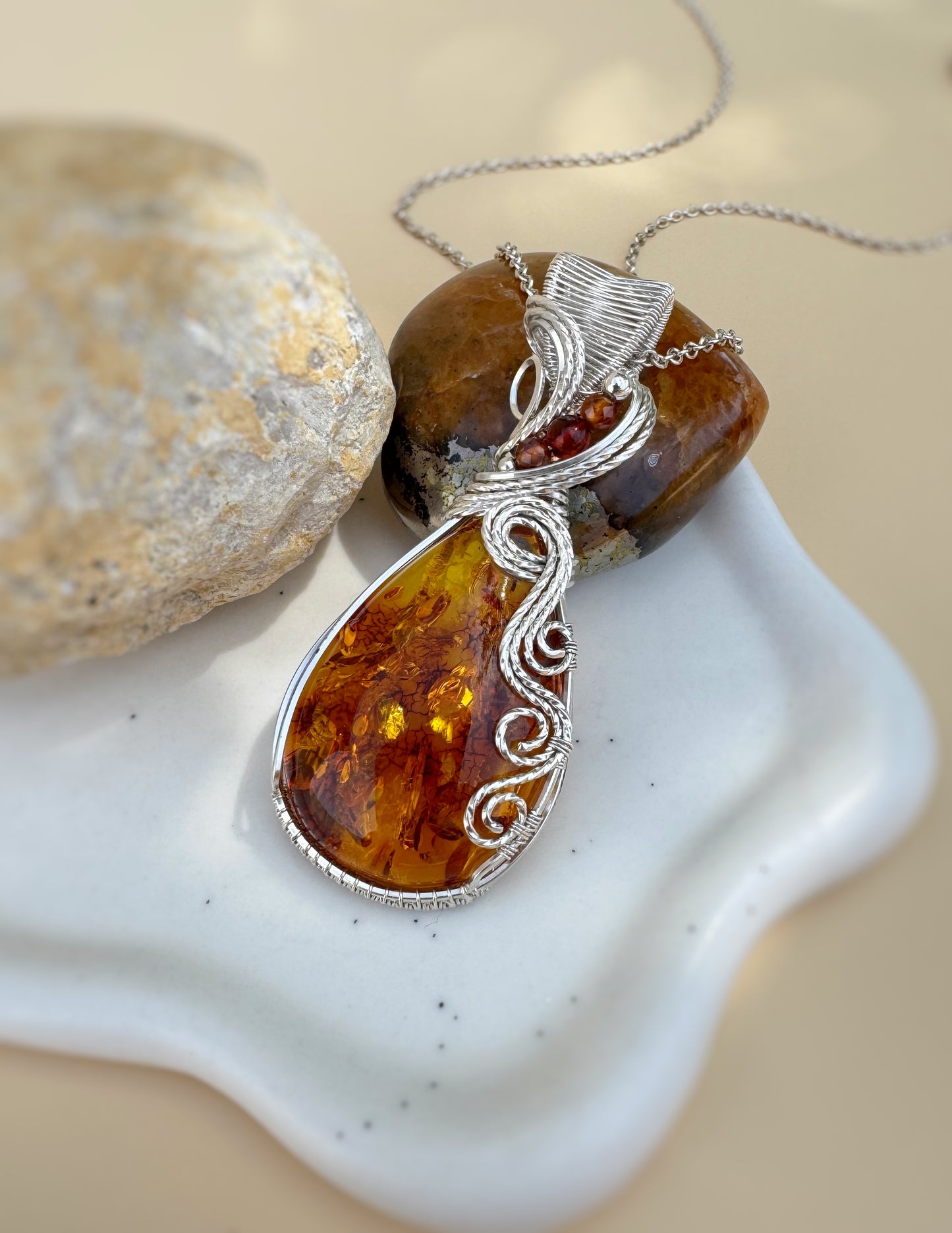 Natural Amber & Hessonite Garnet Statement Necklace in 0.925 Sterling Silver