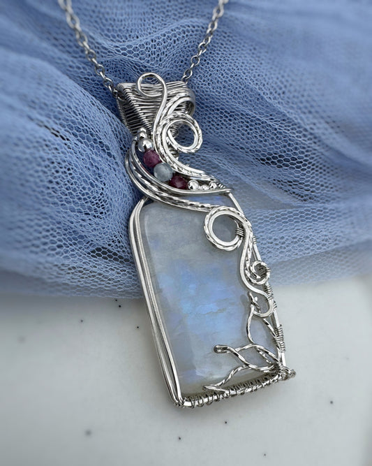 Moonstone, Pink Tourmaline & Aquamarine Lotus Necklace in 0.925 Sterling Silver