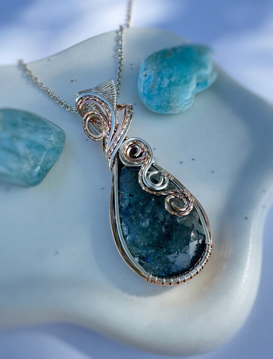 Faceted Moss Aquamarine Necklace in 0.925 Sterling Silver & 14k Rose Gold Filled