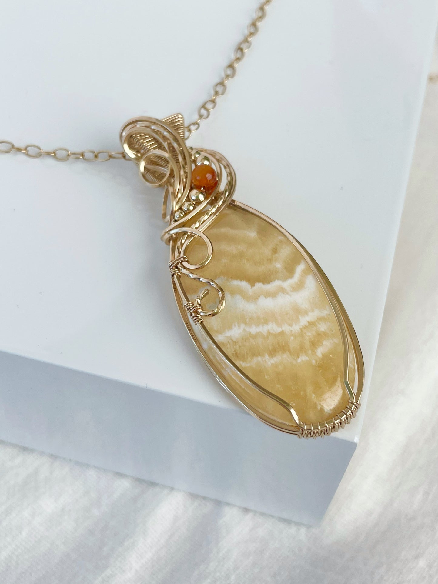 Yellow Calcite & Amber Necklace in 14k Gold Filled