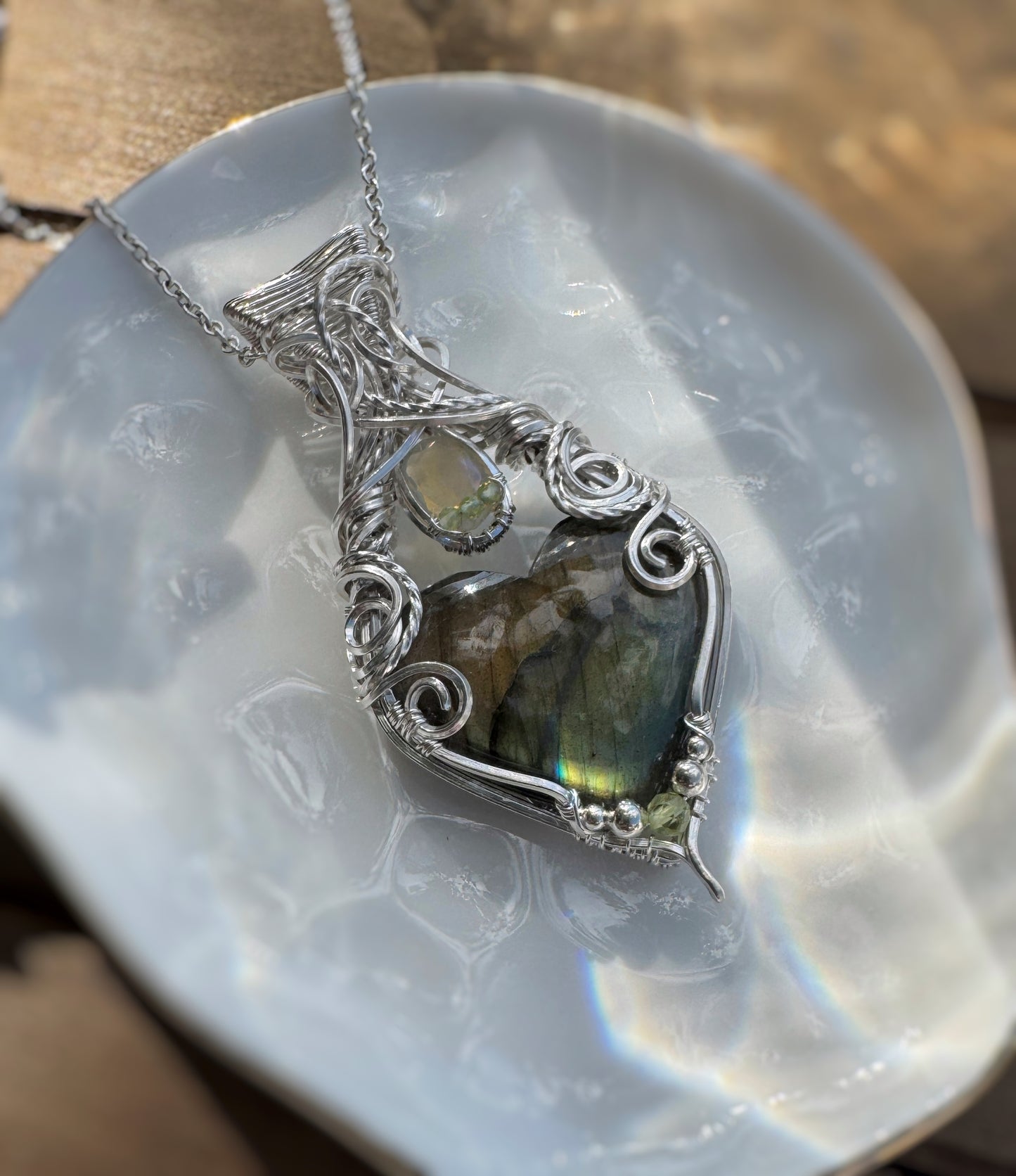 Labradorite Heart, Opal & Peridot Necklace in Argentium Silver