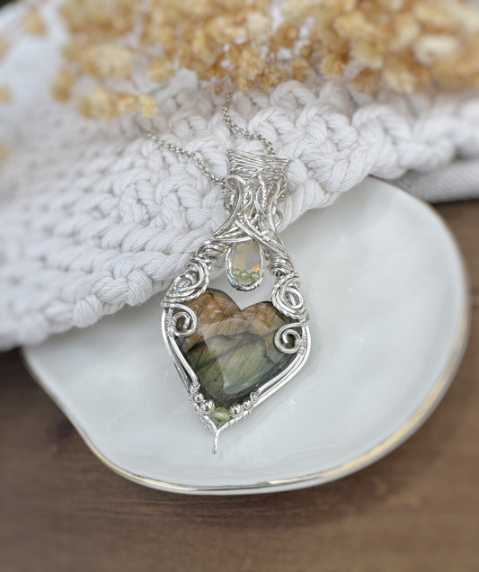 Labradorite Heart, Opal & Peridot Necklace in Argentium Silver
