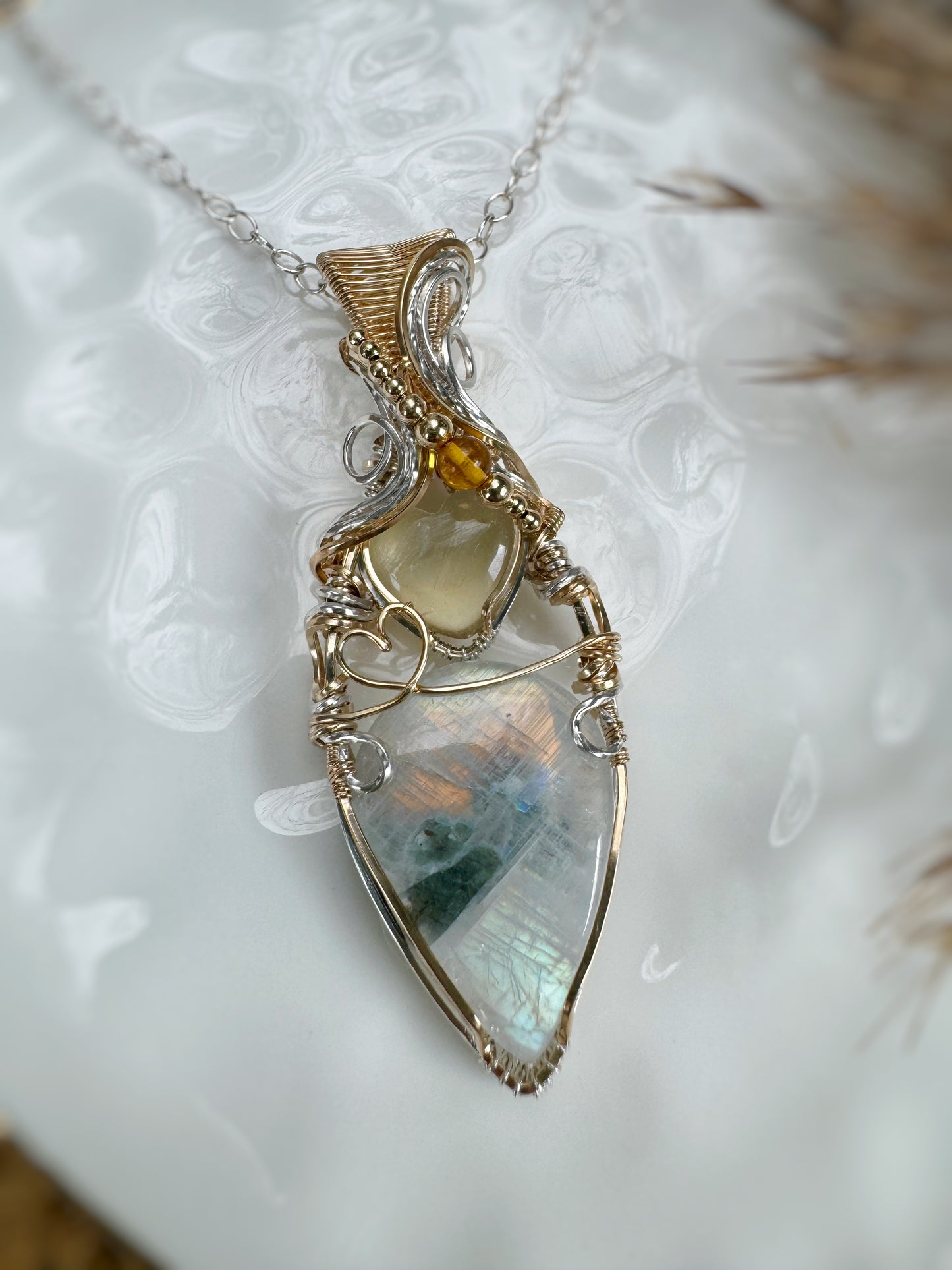 Rainbow Moonstone, Citrine Heart & Amber Necklace in 14k Gold Filled & 0.925 Sterling Silver