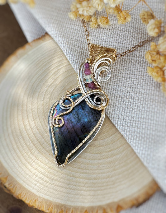 Purple/Pink Labradorite, Purple Mica, Pink Tourmaline & Opal Necklace in 14k Gold Filled & Argentium Silver