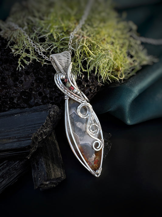 Moss Agate, Garnet, Green Apatite Necklace in Argentium Silver