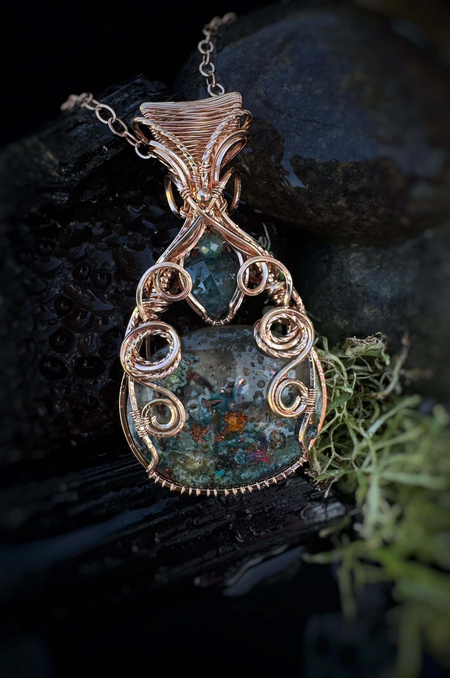 Chrysocolla with Native Copper, Moss Teal Kyanite & Aqua Apatite Necklace in 14k Rose Gold Filled