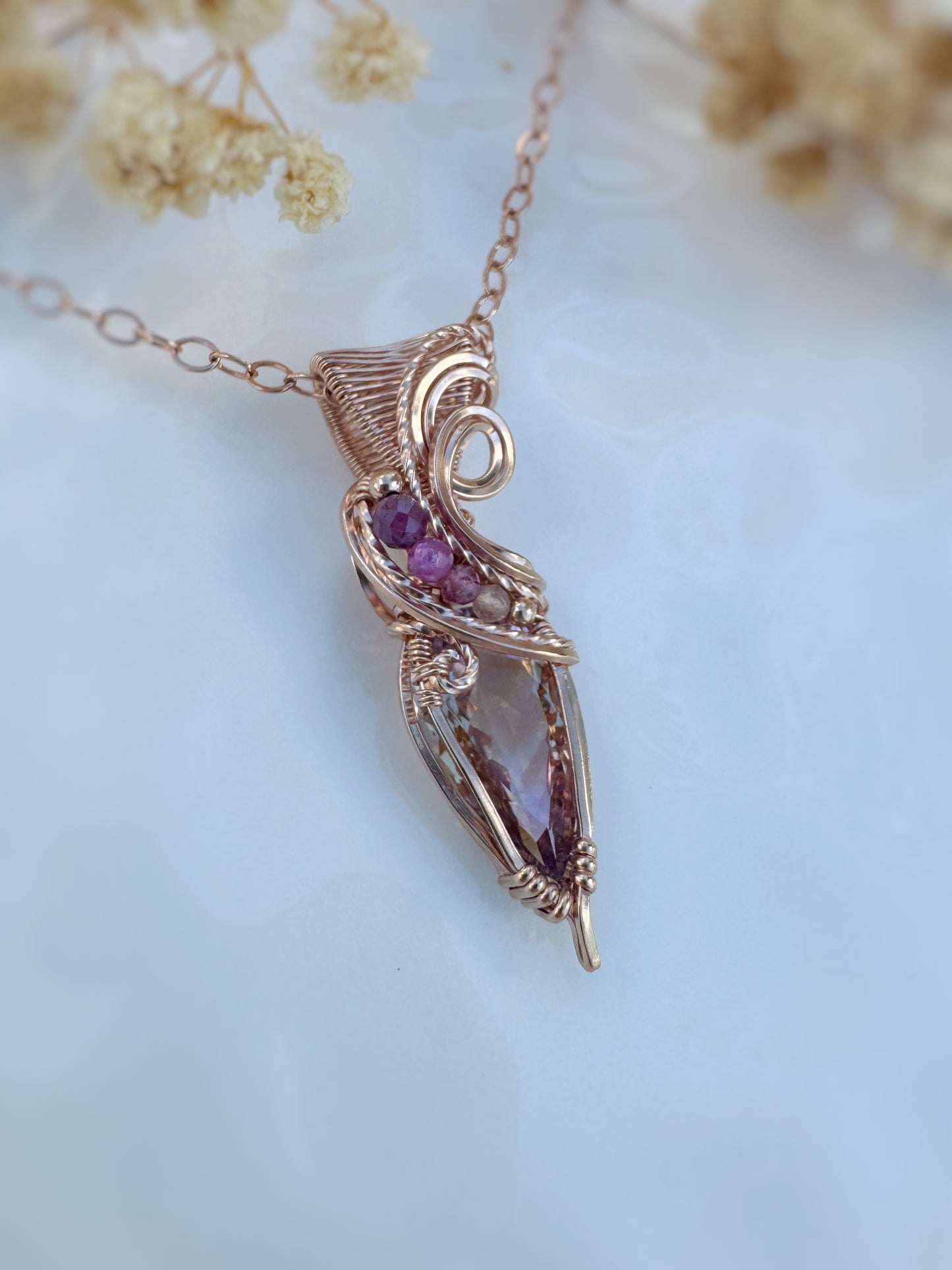 Ametrine, Natural Ruby, Purple Mica, Pink Tourmaline & Peach Moonstone Necklace in 14k Rose Gold Filled