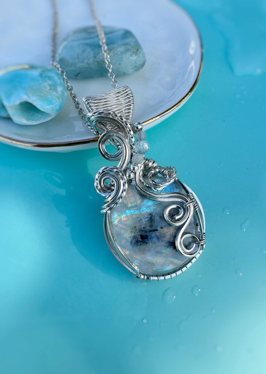 Rainbow Moonstone & Aquamarine Necklace in Argentium Silver