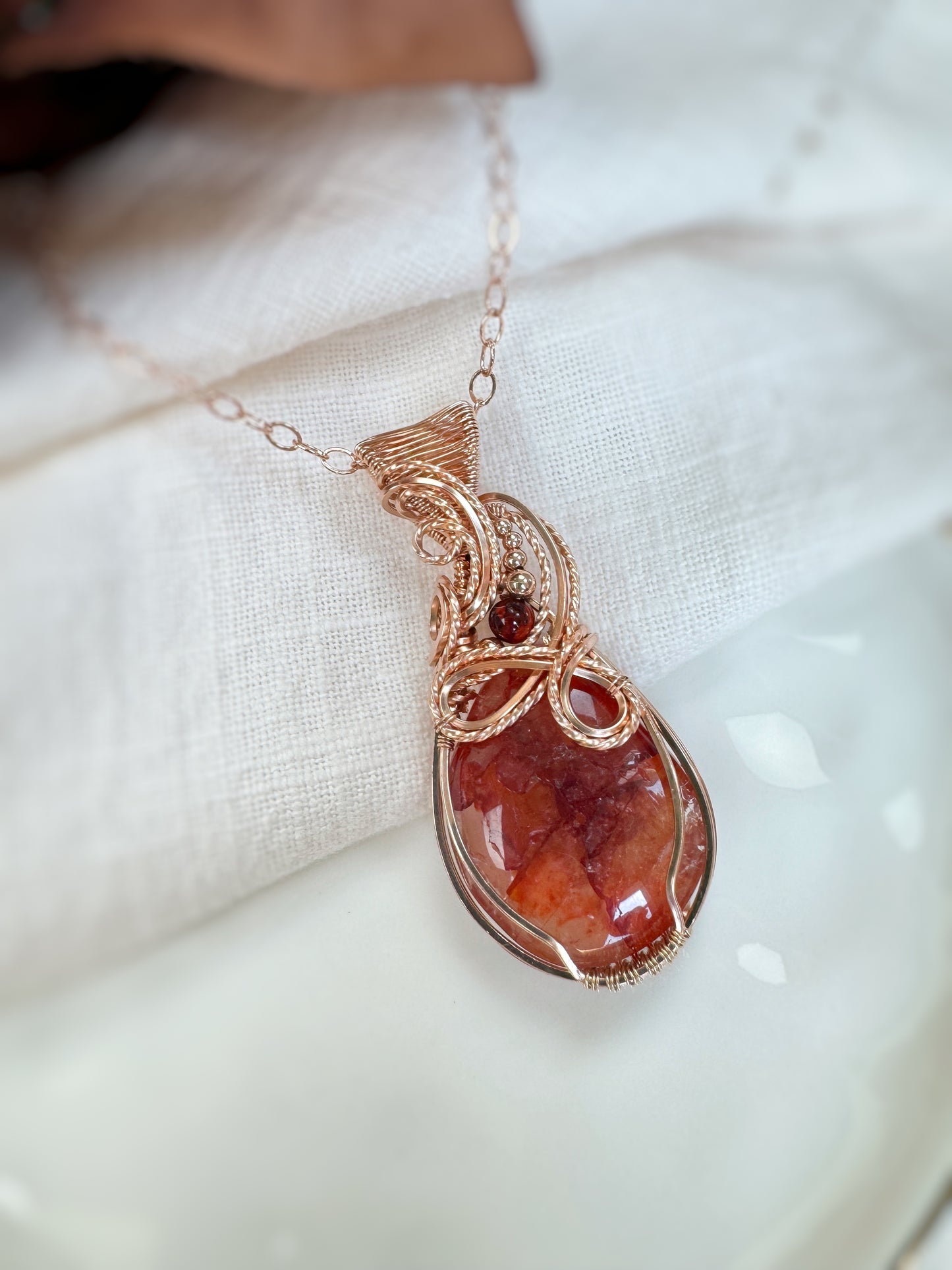 Red Hematoid Quartz & Amber Necklace in 14k Rose Gold Filled
