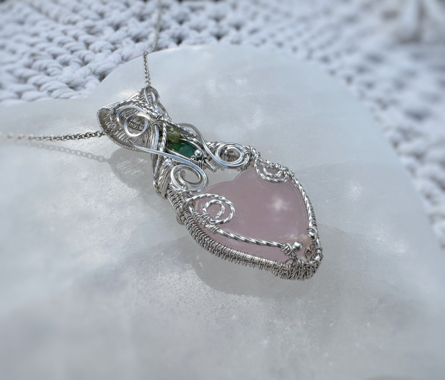 Rose Quartz Heart, Peridot & Emerald (from Sakota Mines) Necklace in Argentium Silver